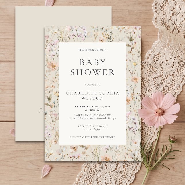 Invitation Élégant Code QR Fleur Sauvage Shower Bébé Beige  (Créateur téléchargé)