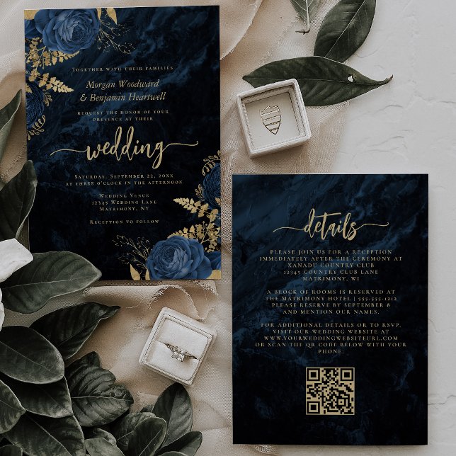 Invitation Élégant Code QR Floral Bleu Marine Or Mariage (Créateur téléchargé)