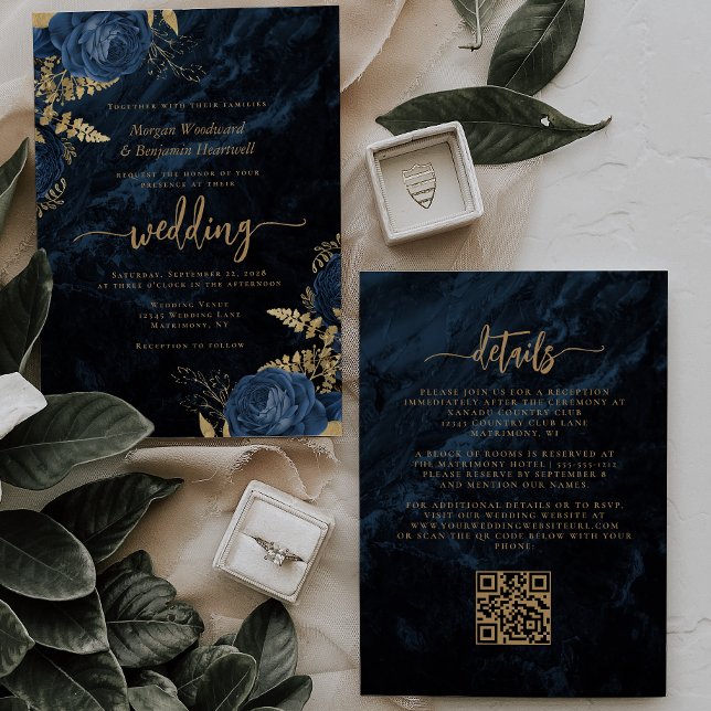 Invitation Élégant Code QR Floral Bleu Marine Or Mariage (Créateur téléchargé)