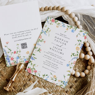 Invitation Élégant Code QR Floral de Fleur Sauvage Mariage Bo