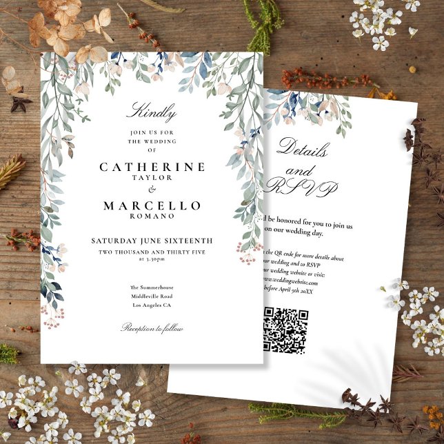 Invitation Élégant Code QR Floral de Fleurs Sauvages Mariage (Elegant Wildflowers Floral QR Code Wedding Invitation)