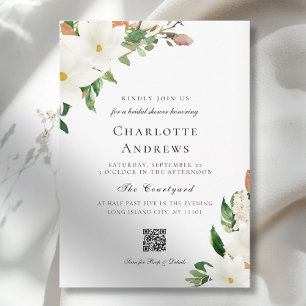 Invitation Élégant Code QR Floral Magnolia pour une Baby Show
