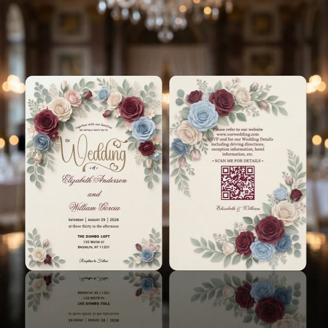 Invitation Élégant Code QR Floral Moderne Tout en Un pour Mar (Créateur téléchargé)