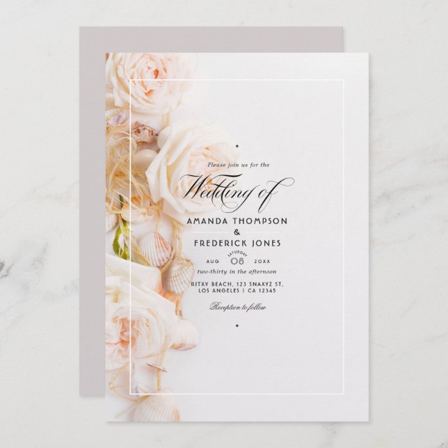 Invitation Elégant code QR floral RSVP Beach Wedding (Devant / Derrière)