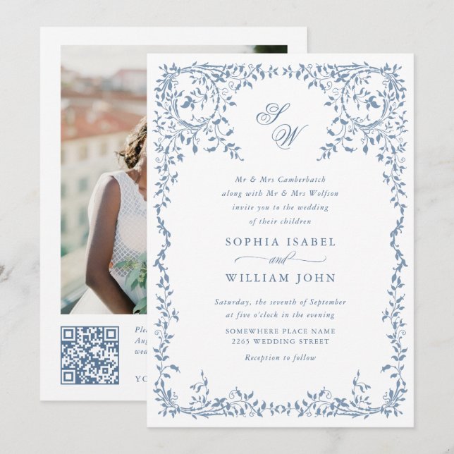 Invitation Élégant code QR Mariage de cadre Floral Ornate fra (Devant / Derrière)