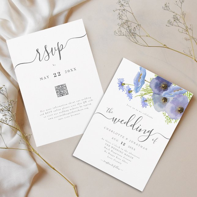 Invitation Élégant Code QR Mariage Floral Bohème Bleu (Elegant boho wildflower bouquet watercolor blue floral garden wedding qr code invitation)