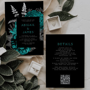 Invitation Élégant Code QR Mariage Floral Sombre Turquoise Ar