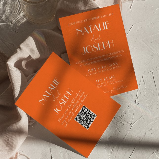 Invitation Élégant Code QR Mariage Orange Gras Stylé (Créateur téléchargé)