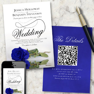 Invitation Élégant Code QR Mariage Rose Bleu Royal Fantaisie