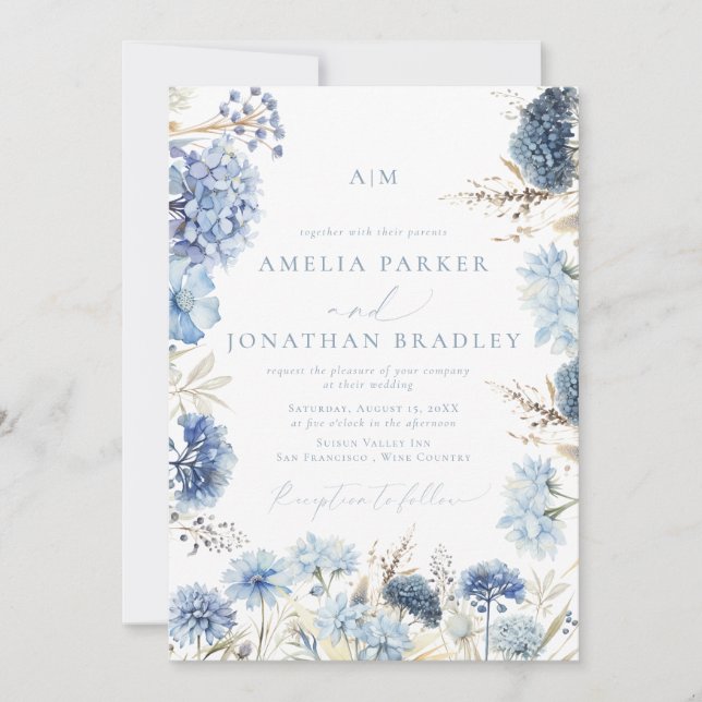 Invitation Élégant code QR moderne Dusty Blue Floral Mariage (Devant)