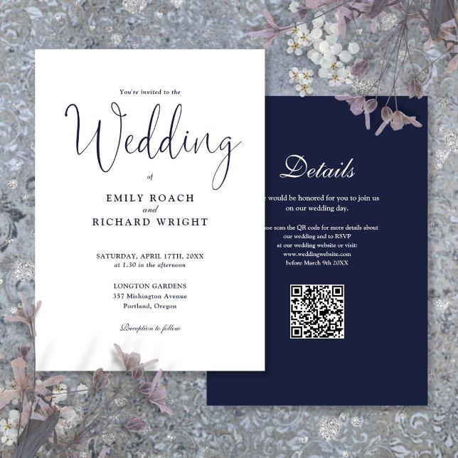 Invitation Élégant Code QR Moderne Mariage Bleu Nuit (Elegant Modern QR Code Navy Blue Wedding Invitation)