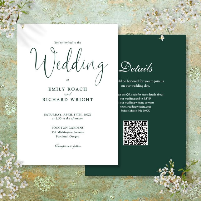 Invitation Élégant Code QR Moderne Mariage Vert Émeraude (Elegant Modern QR Code Emerald Green Wedding Invitation)