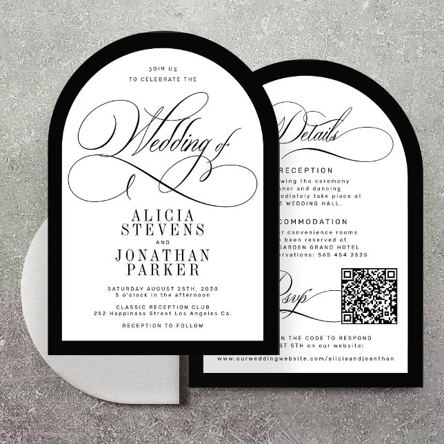 Invitation Élégant code QR noir blanc mariage voûté (Créateur téléchargé)