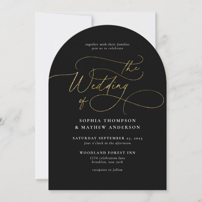 Invitation Élégant Code QR Or Noir Mariage Arch Tout en Un (Devant)