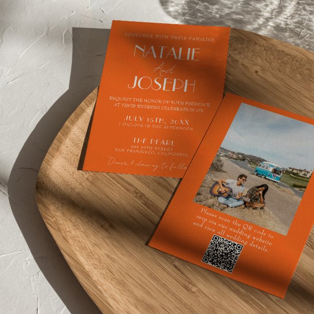 Invitation Élégant Code QR Photo de Mariage Orange Gras Style (Créateur téléchargé)