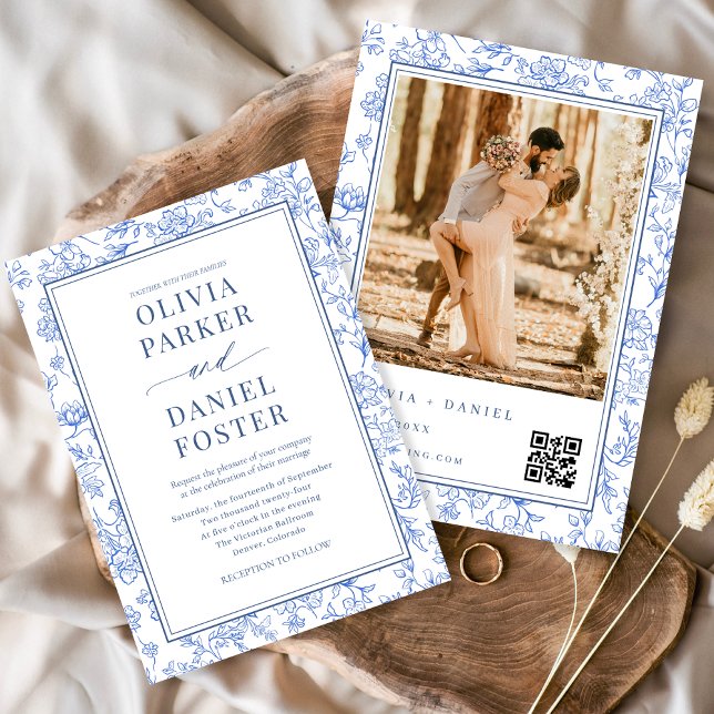 Invitation Élégant Code QR Photo Floral Bleu Français  (Créateur téléchargé)