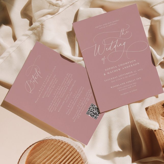 Invitation Élégant code QR rose Dusty tout en un Mariage (Créateur téléchargé)