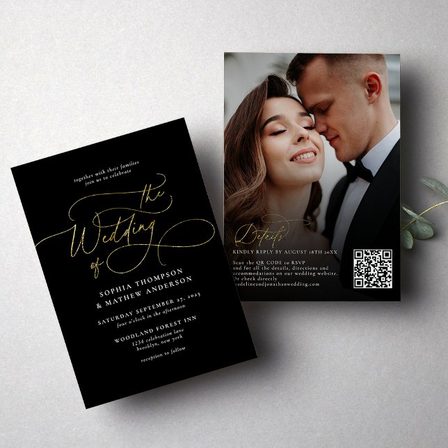 Invitation Élégant Code QR RSVP Photo Mariage Or Noir (Créateur téléchargé)