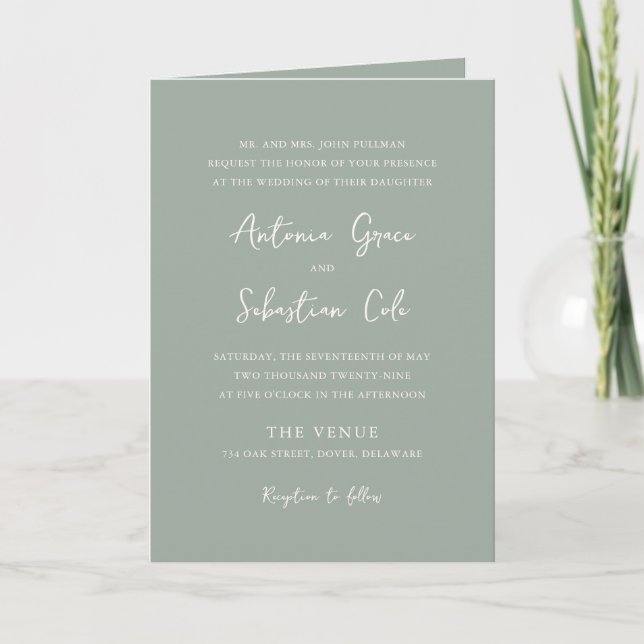 Invitation Élégant code QR vert sauge mariage moderne (Devant)