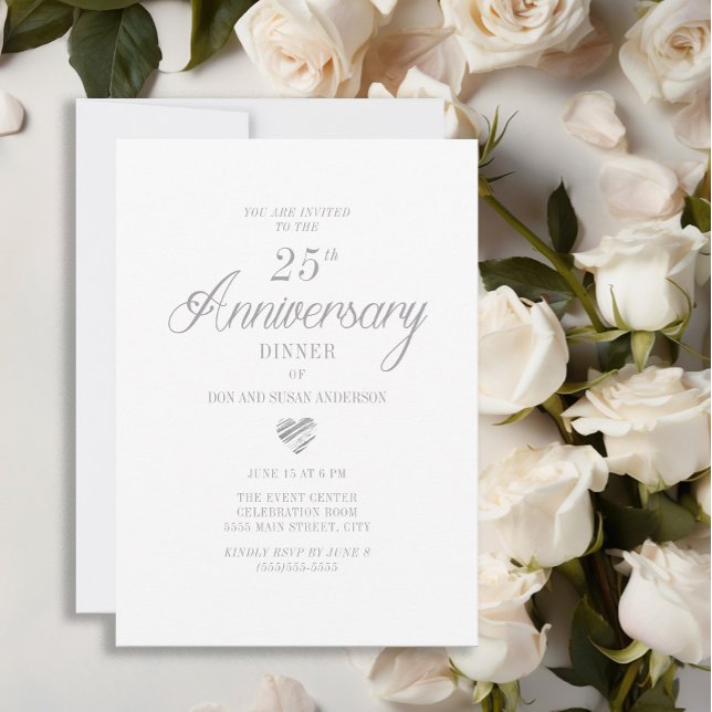 Invitation Élégant Cœur Argent 25e Anniversaire (Elegant white 25th wedding anniversary invitation)