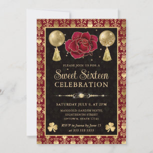 Invitation Élégant Cœur de Damas Rouge et Or Sweet Sixteen