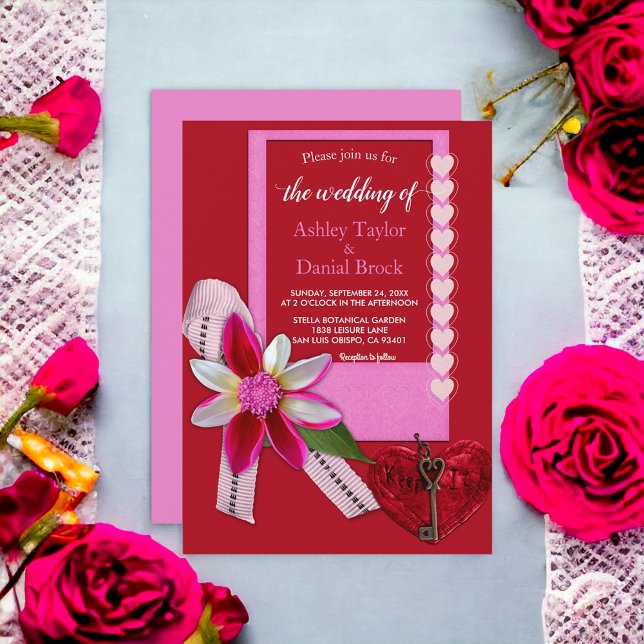 Invitation Élégant Coeur Rouge Ruban Script Mariage Formel Cl (Créateur téléchargé)
