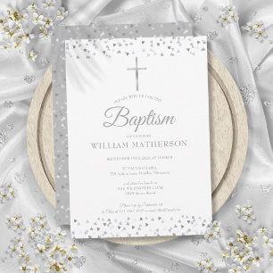 Invitation Elégant Coeurs Argent Baptême Baptême Baptême
