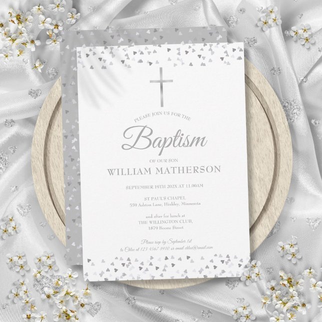 Invitation Elégant Coeurs Argent Baptême Baptême Baptême (Elegant Silver Hearts Baptism Christening Invitation)