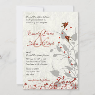Invitation Elégant Coeurs rouge et gris Mariage Lovebird