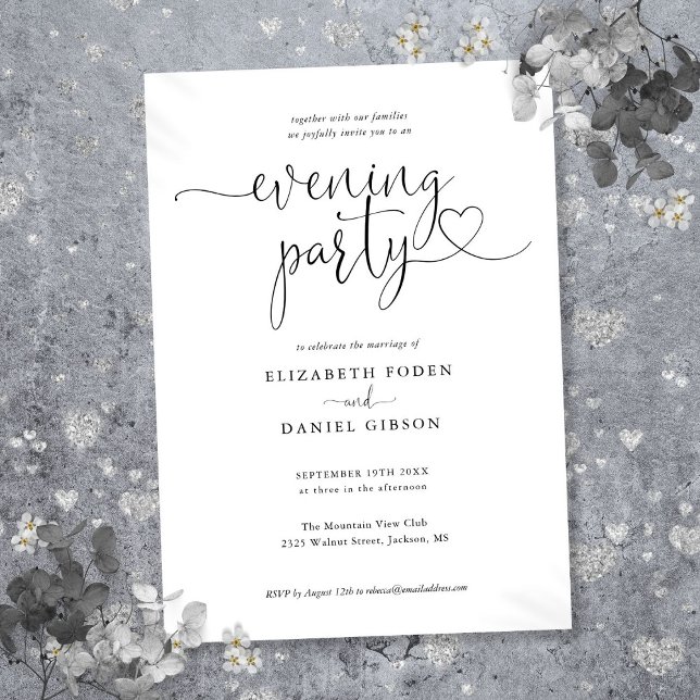 Invitation Élégant Coeurs Script Mariage Soirée (Elegant Hearts Script Wedding Evening Party Invitation)