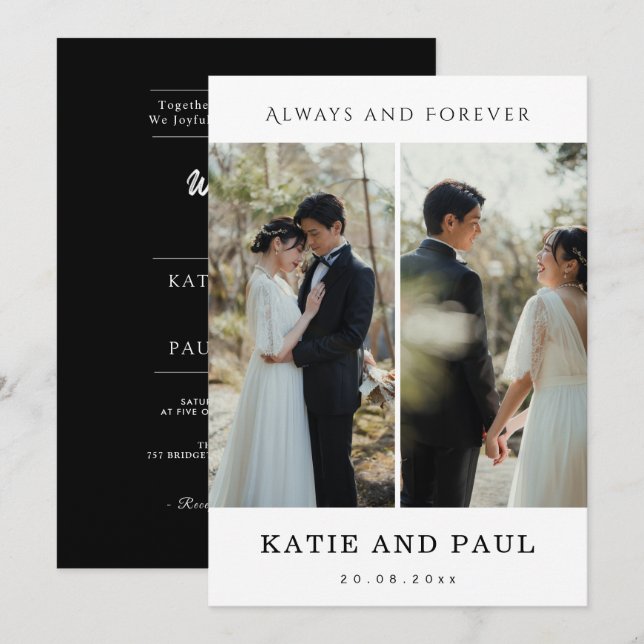 Invitation Elegant Collage 2 Photo Modern Black Chic Wedding  (Devant / Derrière)