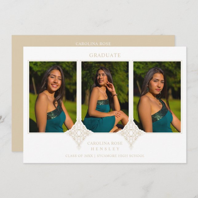 Invitation Elegant Collage Lace Romantic 3 Photos Graduation (Devant / Derrière)