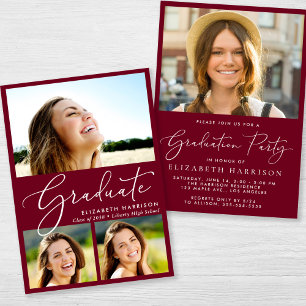 Invitation Elégant Collage Photo Burgundy Graduation Party