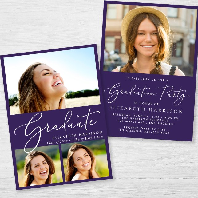 Invitation Elégant Collage Photo Purple Graduation Party (An elegant photo graduation party invitation to celebrate the graduate's achievements)