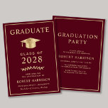Invitation Elegant College Burgundy Gold Graduation Party<br><div class="desc">Élégant faire-part de diplôme de l'université rouge bordeaux et invitation de la fête avec une casquette de diplôme d'or et simple typographie moderne or pour le nom du diplômé,  année de classe,  collège ou université,  diplôme et majeur ou distinctions. Au verso,  ajoutez les détails de graduation.</div>