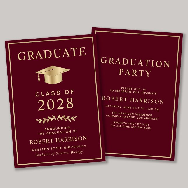 Invitation Elegant College Burgundy Gold Graduation Party (An elegant college graduation party invitation to celebrate the graduate's achievements)