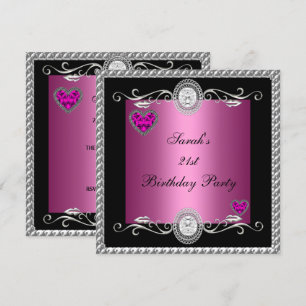Invitation Élégant Collier Cœur Noir Rose pour 21e Anniversai