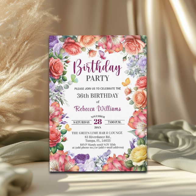 Invitation Elegant Colorful Floral 36th Birthday Party (Créateur téléchargé)