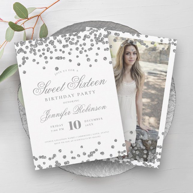 Invitation Élégant Confetti Argent Photo Sweet 16 (Elegant Silver Confetti Photo Sweet 16 Invitation)