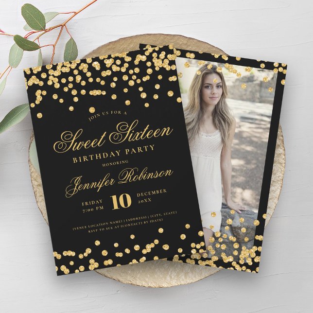 Invitation Elégant Confetti Black Gold Photo Sweet 16 (Elegant Black Gold Confetti Photo Sweet 16 Invitation)