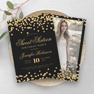 Invitation Elégant Confetti Black Gold Photo Sweet 16