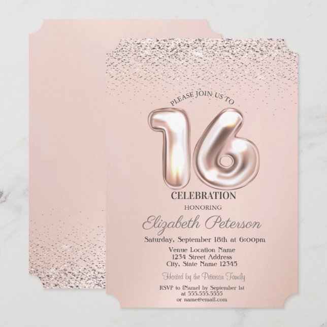 Invitation Élégant Confetti Branché Sweet 16 (Devant / Derrière)