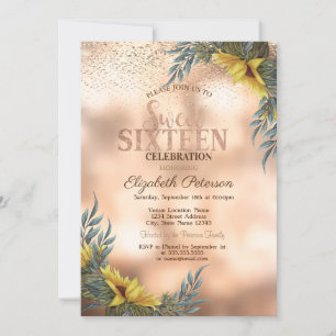 Invitation Elégant Confetti en or, Sunflower Sweet 16