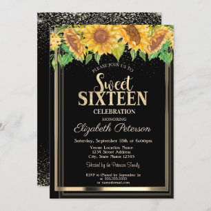Invitation Elégant Confetti Gold Frame Sunflowers Sweet 16
