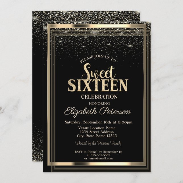 Invitation Élégant Confetti Gold Frame Sweet 16 (Devant / Derrière)