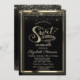 Invitation Elégant Confetti Gold Frame Sweet 17 Anniversaire