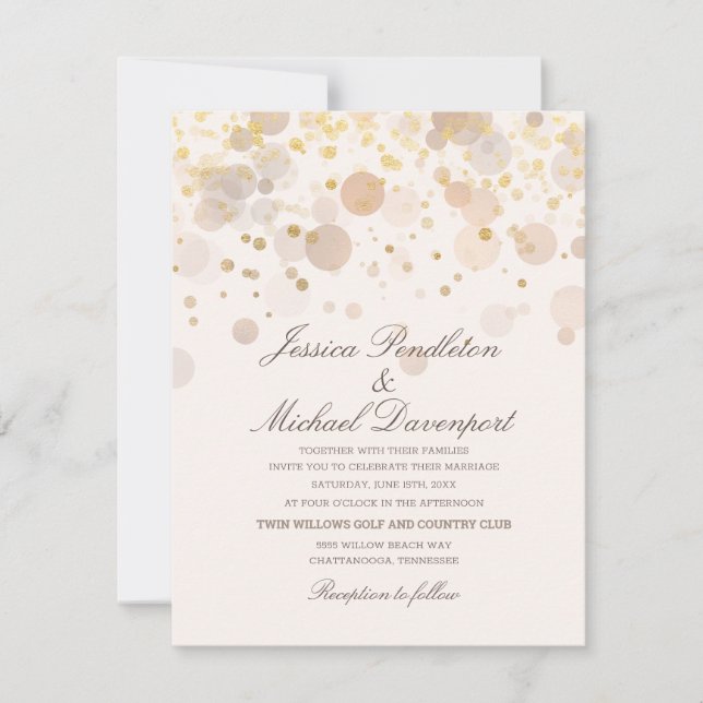 Invitation Élégant Confetti Gold Romantique Mariage Script (Devant)