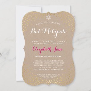 Invitation ÉLÉGANT confetti kraft d'or rustique BAT MITZVAH