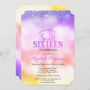 Invitation Elégant Confetti moderne, Bokeh Ombre Sweet 16