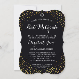 Invitation ÉLÉGANT confetti noir d'or rustique BAT MITZVAH